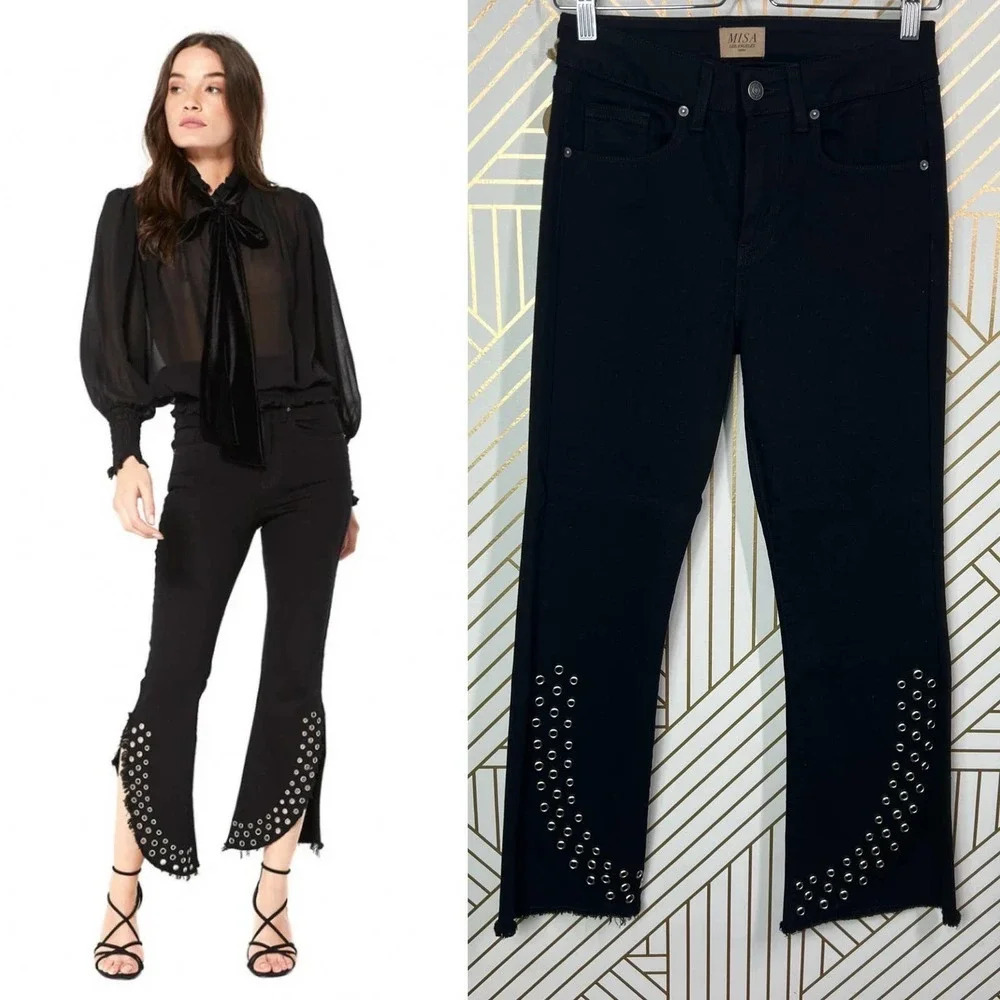 MISA Los Angeles The‎ Super Star Crop Flare Jeans Black Size US 26
